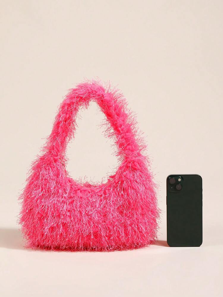 Women's Plush Handbag Autumn Winter New Candy Color Cotton Candy Small Square Bag Elegant Girly Style Hand Carry Tote Fashion Casual Purse
