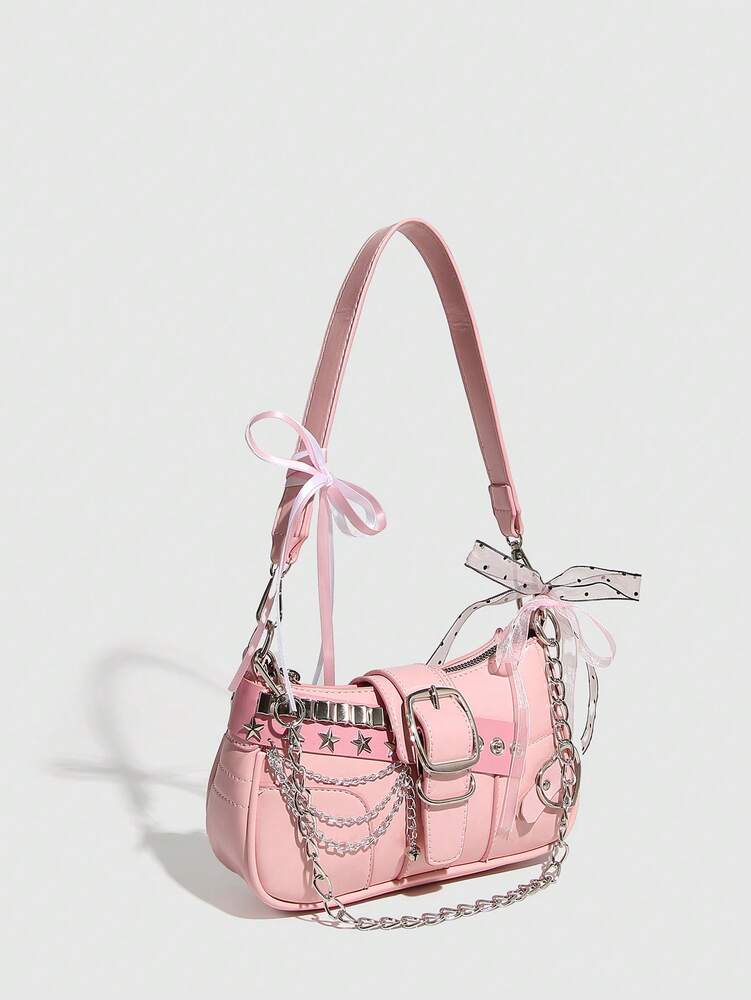 Women's Y2K Star Moon Print Crossbody Bag With Pink Chain Decor Stylish Baguette Shoulder Bag Gothic Steampunk Rock Style Party Purse