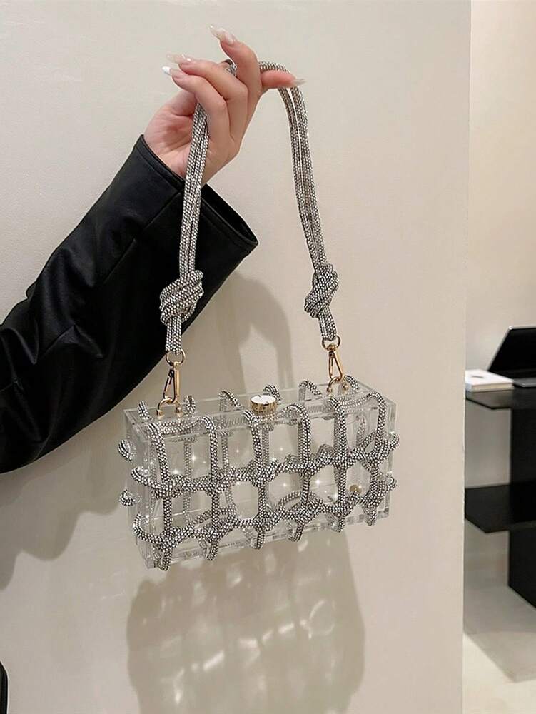 Women's Rhinestone Crescent Moon Clutch Elegant Sparkling Evening Bag With Glitter Detailing Rope Handle Prom Dinner Wedding Party Purse