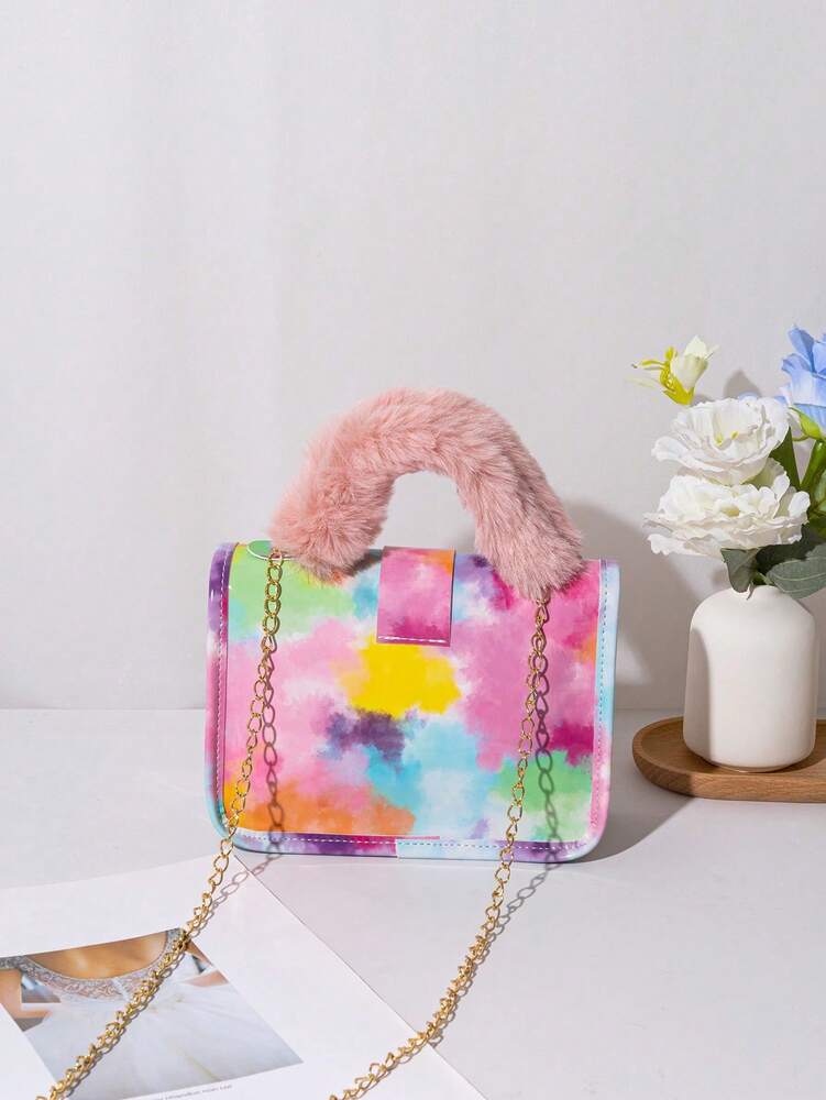 Women's Vintage Plush Handbag With Printed Design Small Square Purse Metal Chain Crossbody Bag Cute Casual Daily Wear Mini Handbag Gift