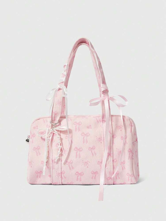 Women's Large Capacity Corduroy Shoulder Bag With Bow Decor Pink Color Fashionable Casual Tote Handbag Cute Bow Purse For School Travel