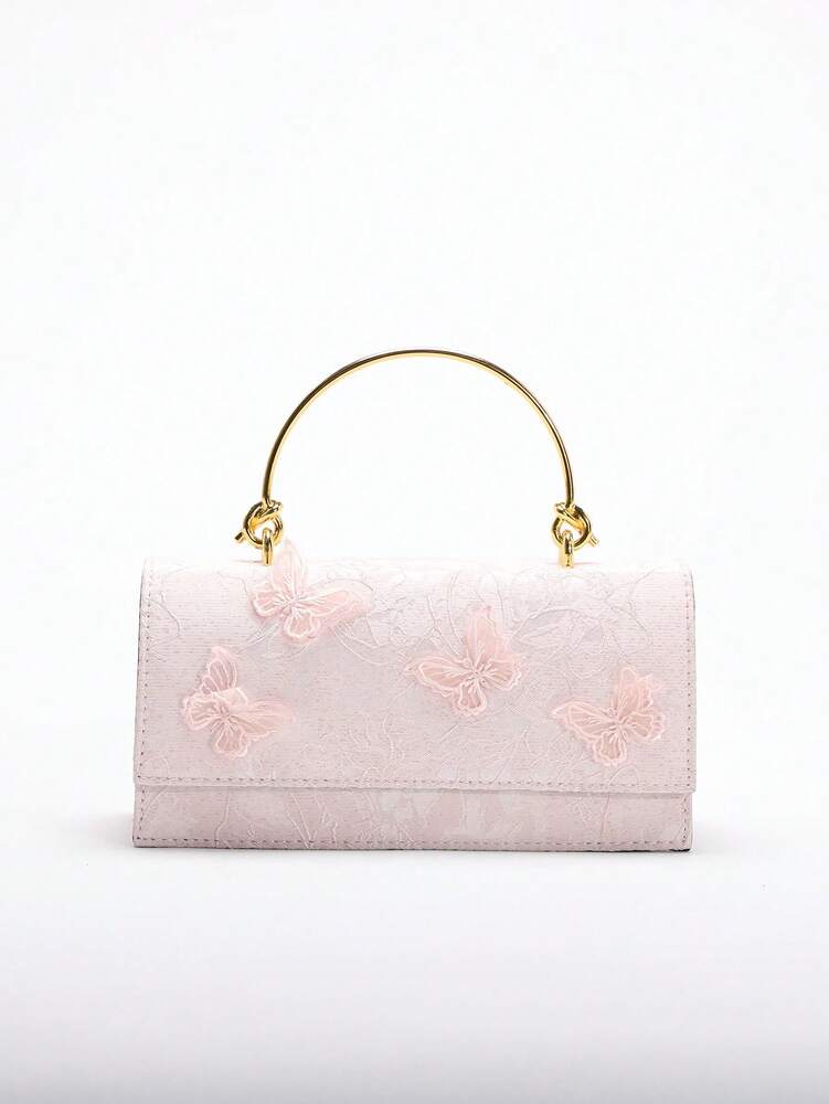 Women's Light Pink Jacquard Rectangular Handbag With Butterfly Decor Brass Knotted Handle Elegant Luxury Bridal Clutch For Wedding Party