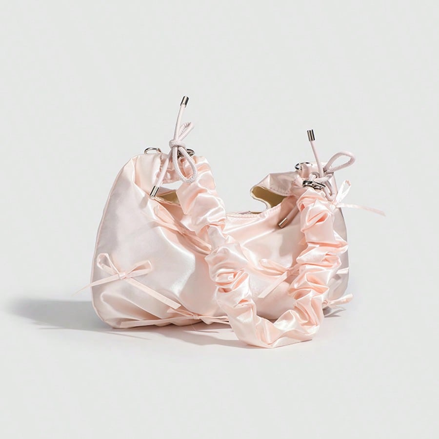 Women's Pleated Strap Cloud Bag Solid Color Underarm Shoulder Crossbody Handbag Elegant Minimalist Design With Cute Bow Fashion Tote Bag