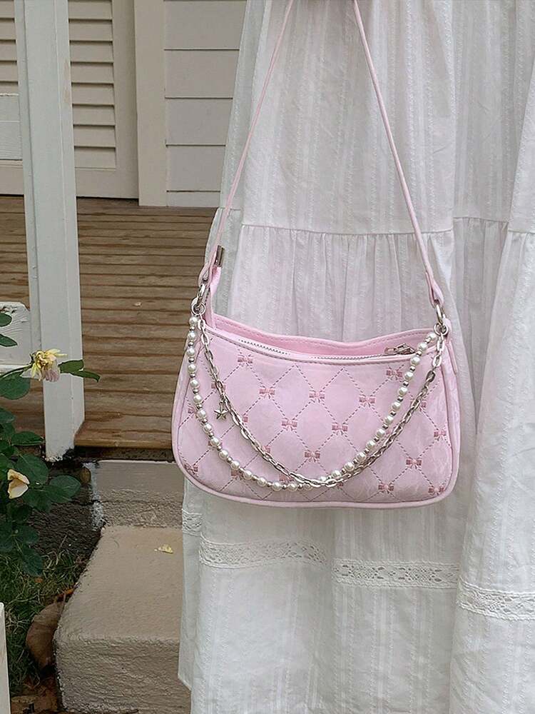 Women's Faux Pearl Chain Crossbody Bag Small Square Shoulder Bag Minimalist Design Elegant Summer Fashion Purse Cute Girly Daily Outfit