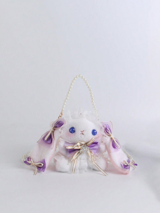 Women's Rabbit Shaped Plush Mini Handbag With Bow Pearl Chain Kawaii Lolita Style Crossbody Bag Cute Purse For Girls Party Holiday Gift