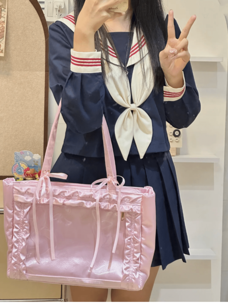 Women's Japanese Harajuku Style Satin Bow Large Capacity Tote Bag Cute Arc Shoulder Purse For Comic Exhibition Cosplay Party Travel Gift