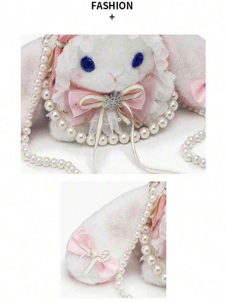Women's Rabbit Shaped Plush Mini Handbag With Bow Pearl Chain Kawaii Lolita Style Crossbody Bag Cute Purse For Girls Party Holiday Gift