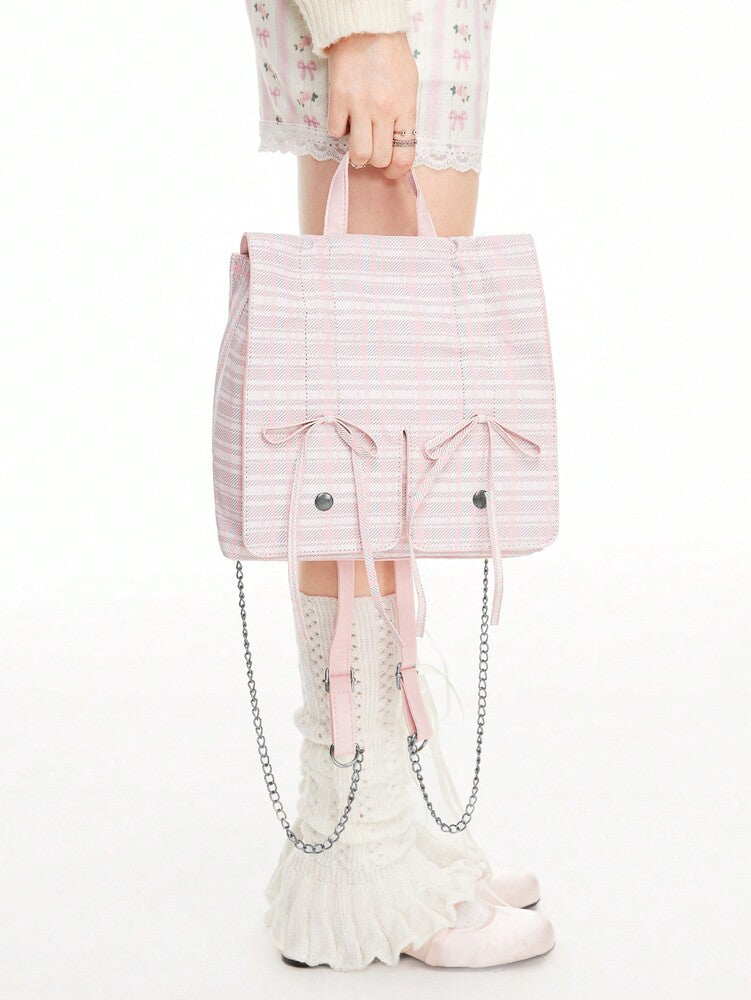 Women's Plaid Backpack With Bowknot Handle Cute Kawaii School Bag Casual Fashion Rucksack For Girls Teen Students Back To School Travel