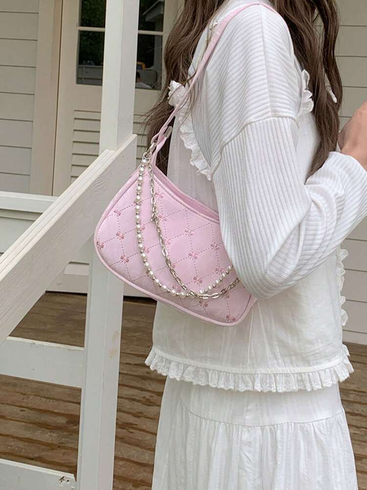 Women's Faux Pearl Chain Crossbody Bag Small Square Shoulder Bag Minimalist Design Elegant Summer Fashion Purse Cute Girly Daily Outfit