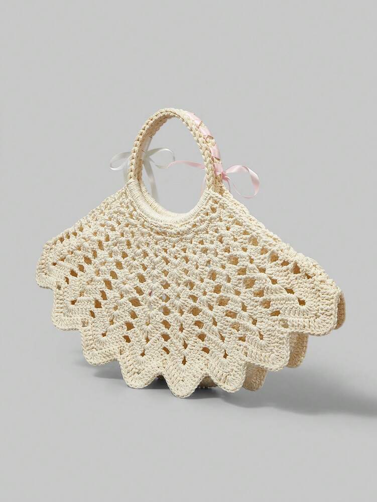 Women's Crochet Tote Bag Minimalist Kawaii Style Handbag Versatile Practical Shoulder Bag Casual Crossbody Purse For Ladies Daily Use