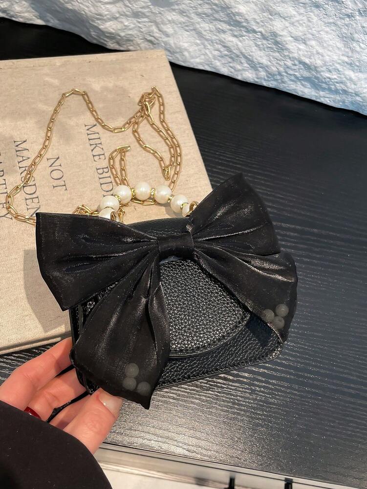 Women's Cute Bow Pearl Handbag With Chain Shoulder Strap Flip Magnetic Closure Fashion Crossbody Purse Stylish Mini Bag For Girls Party Gift
