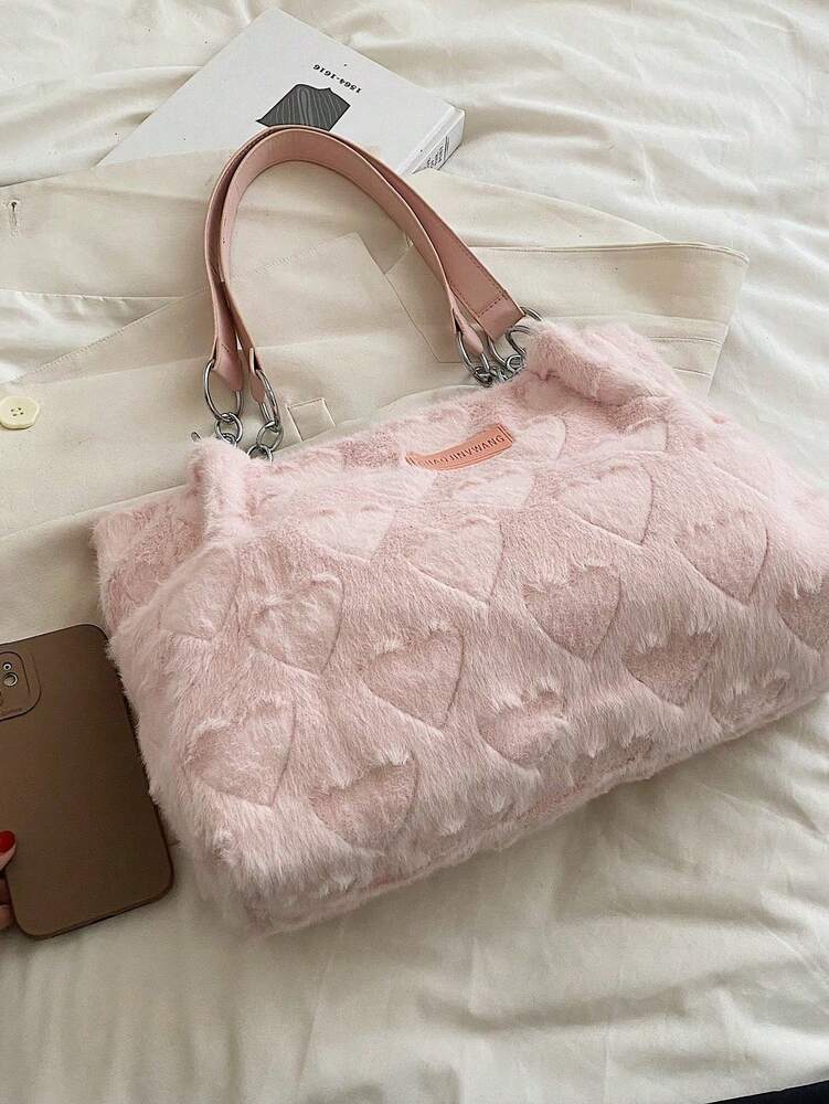 Women's Quilted Tote Bag Large Capacity With Letter Print And Plush Heart Decor Multi Pocket School Bag Work Travel Beach Shopping Purse
