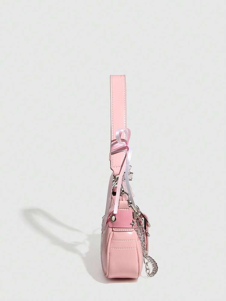 Women's Y2K Star Moon Print Crossbody Bag With Pink Chain Decor Stylish Baguette Shoulder Bag Gothic Steampunk Rock Style Party Purse