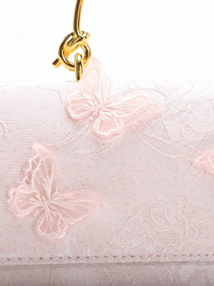 Women's Light Pink Jacquard Rectangular Handbag With Butterfly Decor Brass Knotted Handle Elegant Luxury Bridal Clutch For Wedding Party