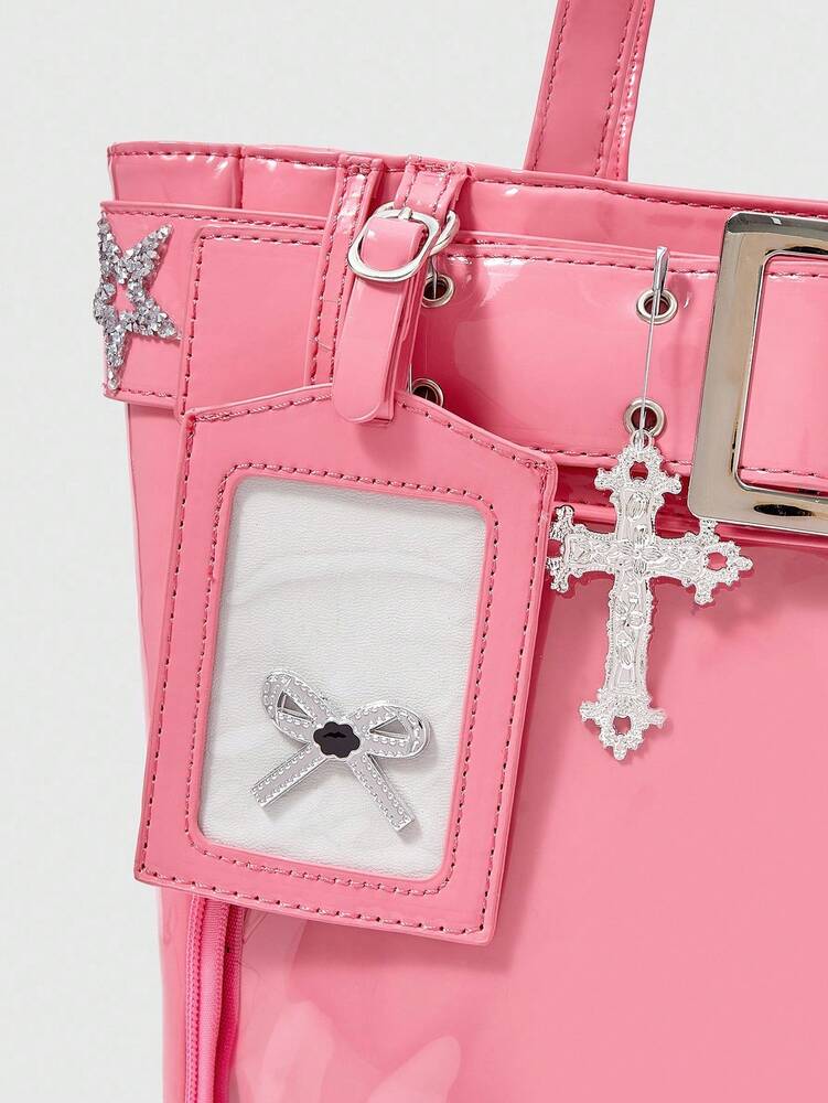 Women's Punk Style Tote Bag Pink Shoulder Handbag With Cross Hardware Star Rivet Decor Y2K Gothic Rock Streetwear Fashion Casual Purse