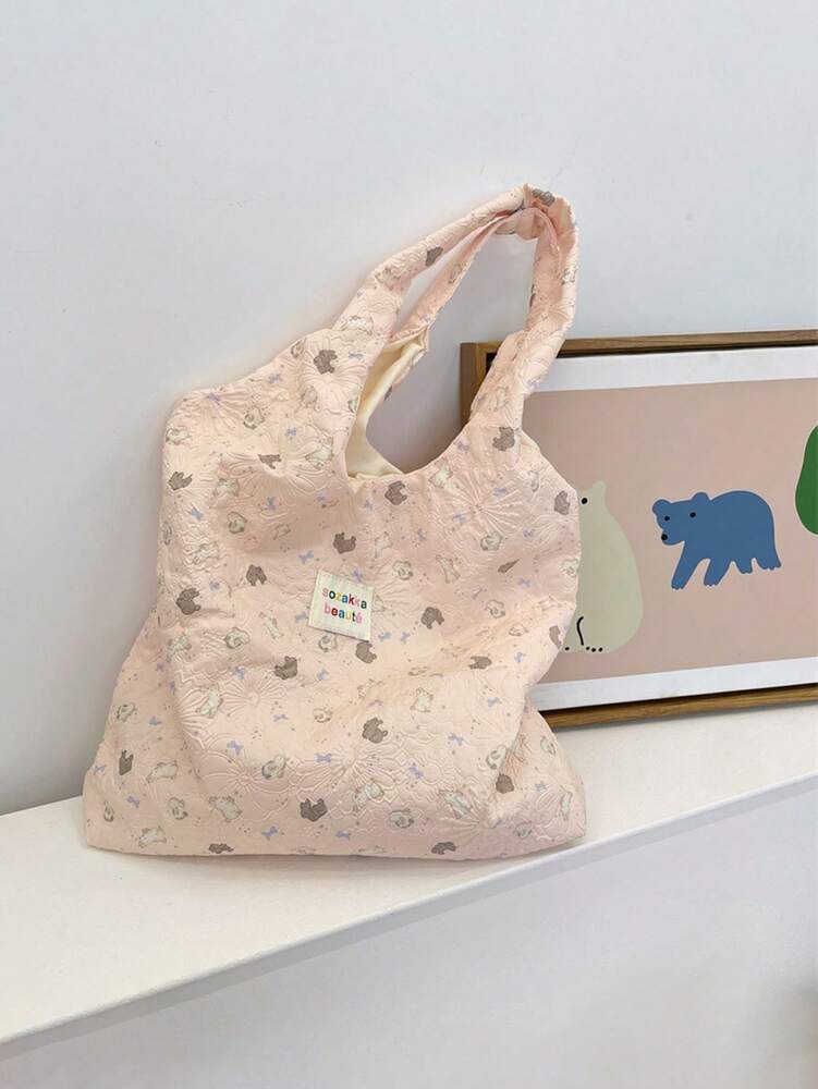 Women's Sweet Girly Style Large Capacity Shoulder Bag Solid Color Casual Tote Handbag With Animal Embossed Texture For College Travel Work