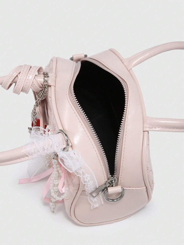 Women's Ballet Style Mini Handbag Cute Cherry Print With Pearl Bow Decor Fashion Shoulder Crossbody Purse For Girls Daily Party Outfits