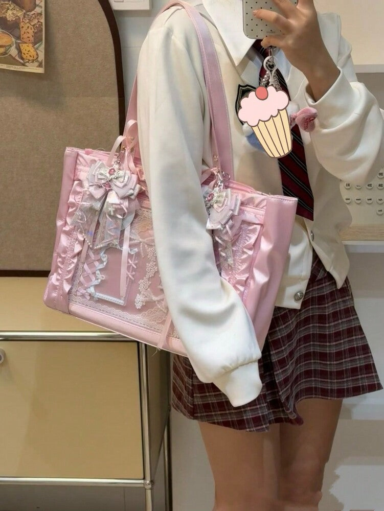 Women's Japanese Harajuku Style Satin Bow Large Capacity Tote Bag Cute Arc Shoulder Purse For Comic Exhibition Cosplay Party Travel Gift