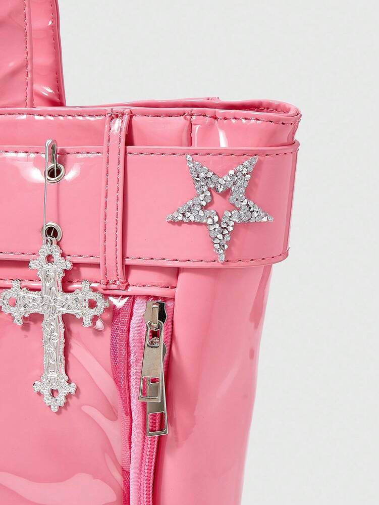 Women's Punk Style Tote Bag Pink Shoulder Handbag With Cross Hardware Star Rivet Decor Y2K Gothic Rock Streetwear Fashion Casual Purse