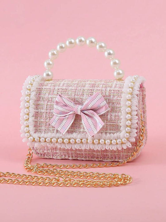 Girls Mini Handbag With Bow Pearl Lace Decor PU Leather Chain Flap Closure Cute Small Purse For Kids Daily Outings Festival Party Gift