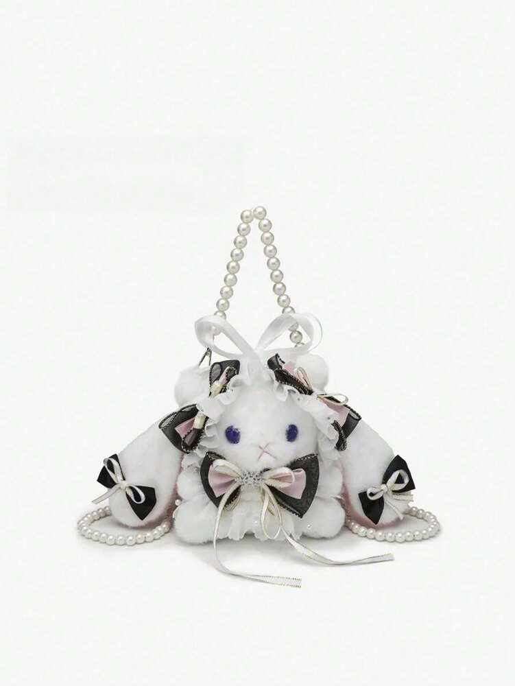 Women's Rabbit Shaped Plush Mini Handbag With Bow Pearl Chain Kawaii Lolita Style Crossbody Bag Cute Purse For Girls Party Holiday Gift