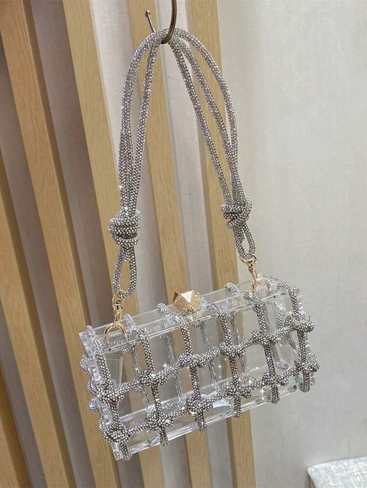Women's Rhinestone Crescent Moon Clutch Elegant Sparkling Evening Bag With Glitter Detailing Rope Handle Prom Dinner Wedding Party Purse