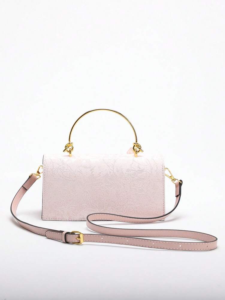 Women's Light Pink Jacquard Rectangular Handbag With Butterfly Decor Brass Knotted Handle Elegant Luxury Bridal Clutch For Wedding Party