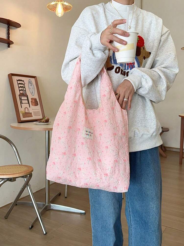 Women's Sweet Girly Style Large Capacity Shoulder Bag Solid Color Casual Tote Handbag With Animal Embossed Texture For College Travel Work