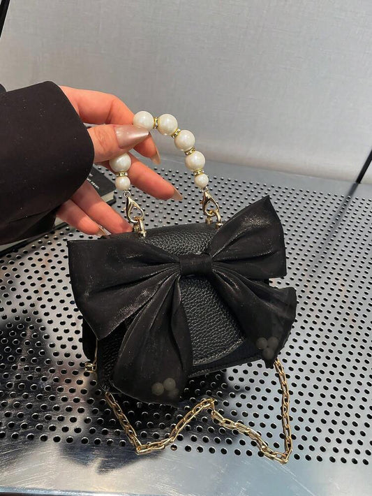Women's Cute Bow Pearl Handbag With Chain Shoulder Strap Flip Magnetic Closure Fashion Crossbody Purse Stylish Mini Bag For Girls Party Gift
