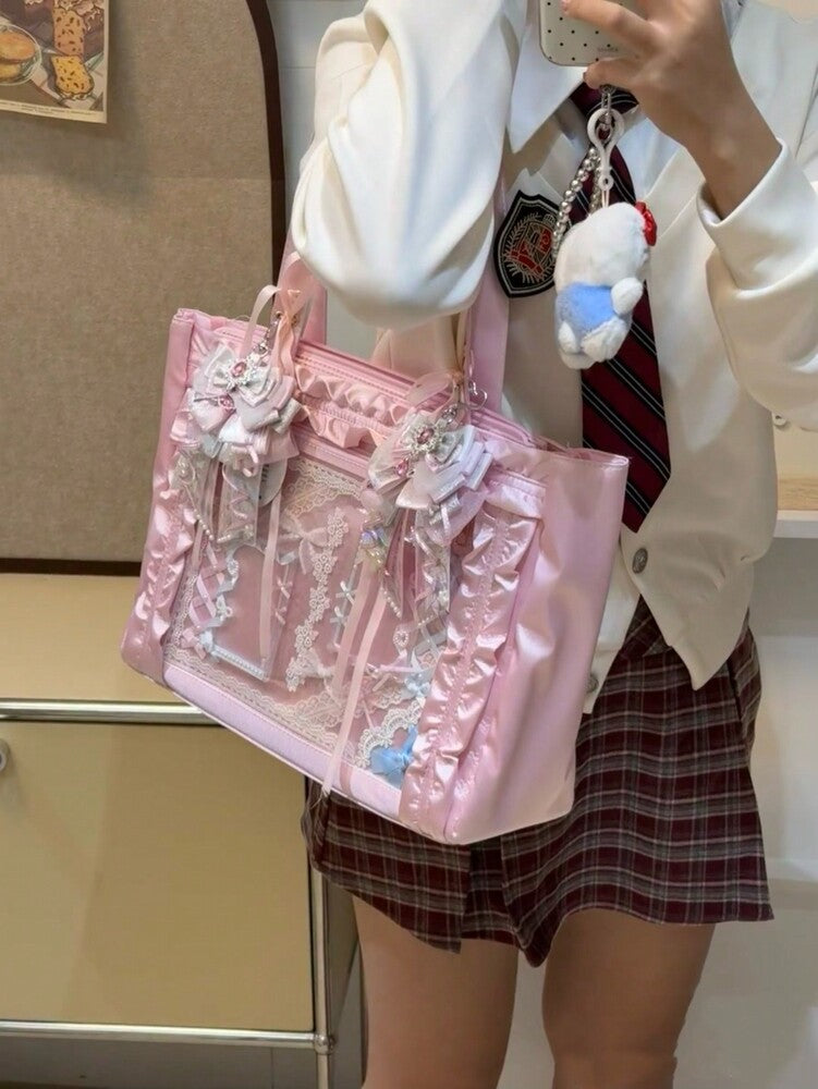 Women's Japanese Harajuku Style Satin Bow Large Capacity Tote Bag Cute Arc Shoulder Purse For Comic Exhibition Cosplay Party Travel Gift