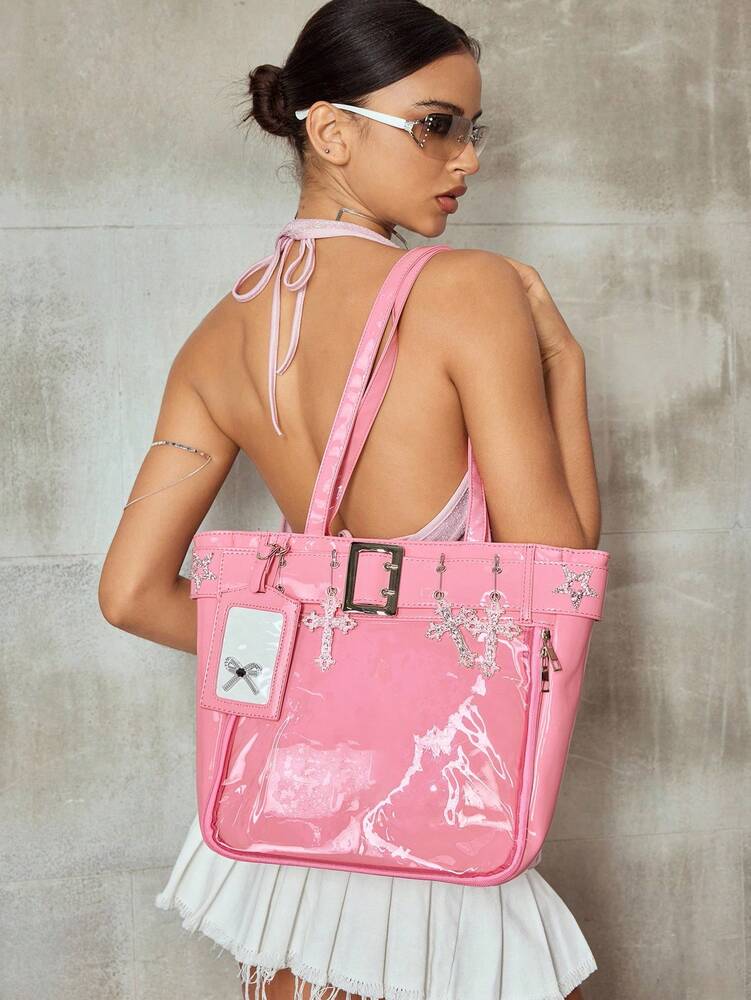 Women's Punk Style Tote Bag Pink Shoulder Handbag With Cross Hardware Star Rivet Decor Y2K Gothic Rock Streetwear Fashion Casual Purse