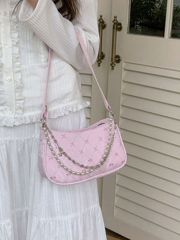 Women's Faux Pearl Chain Crossbody Bag Small Square Shoulder Bag Minimalist Design Elegant Summer Fashion Purse Cute Girly Daily Outfit