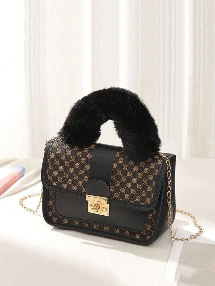 Women's Vintage Plush Handbag With Printed Design Small Square Purse Metal Chain Crossbody Bag Cute Casual Daily Wear Mini Handbag Gift