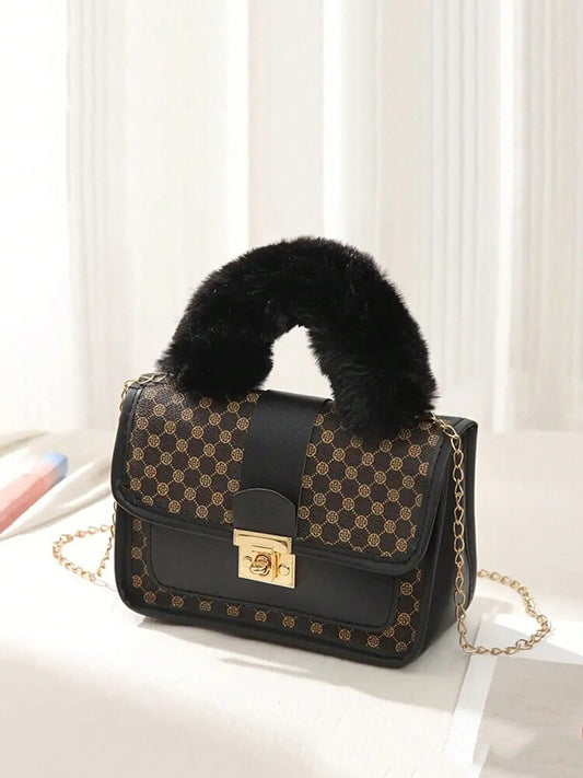 Women's Vintage Plush Handbag With Printed Design Small Square Purse Metal Chain Crossbody Bag Cute Casual Daily Wear Mini Handbag Gift