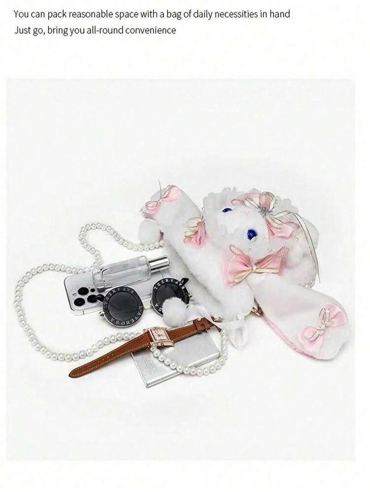 Women's Rabbit Shaped Plush Mini Handbag With Bow Pearl Chain Kawaii Lolita Style Crossbody Bag Cute Purse For Girls Party Holiday Gift