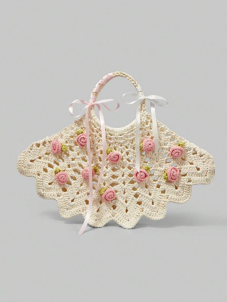 Women's Crochet Tote Bag Minimalist Kawaii Style Handbag Versatile Practical Shoulder Bag Casual Crossbody Purse For Ladies Daily Use