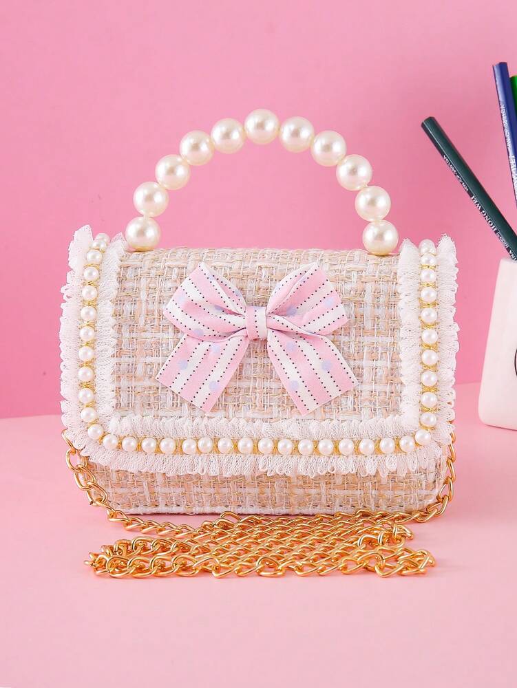 Girls Mini Handbag With Bow Pearl Lace Decor PU Leather Chain Flap Closure Cute Small Purse For Kids Daily Outings Festival Party Gift