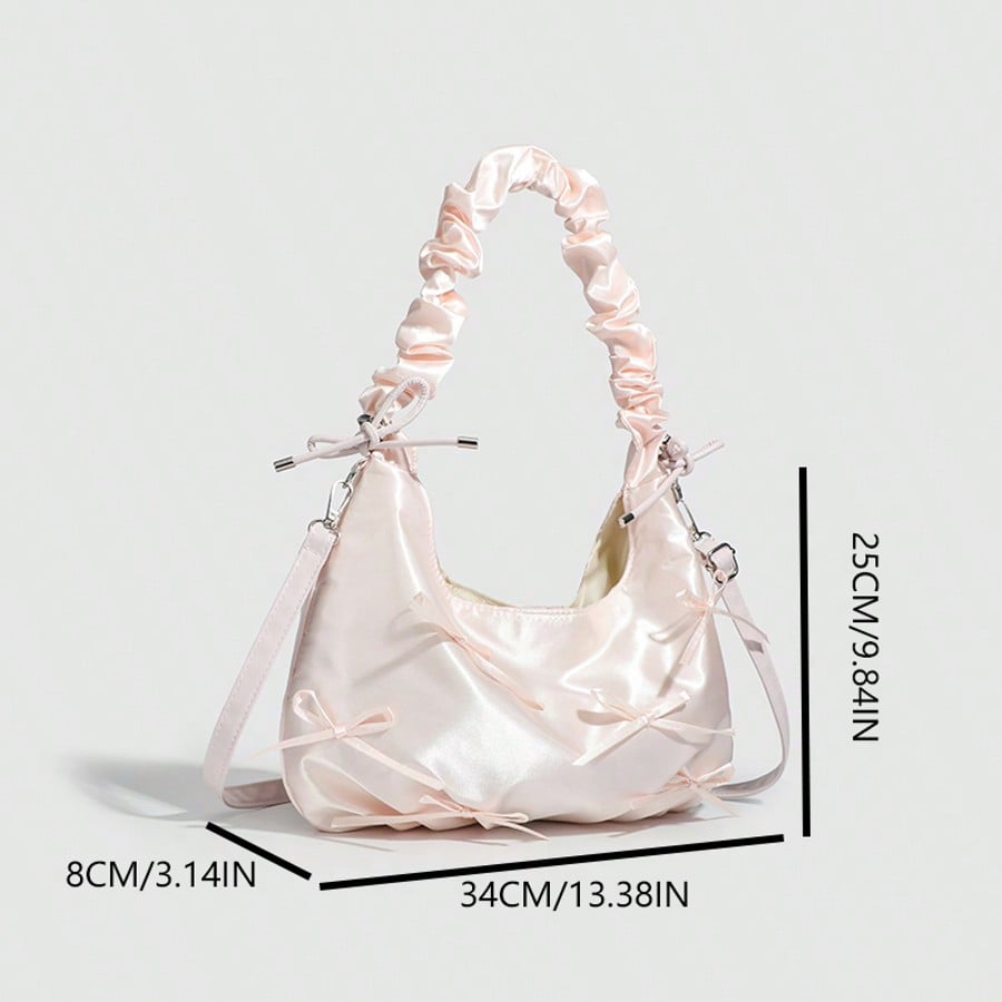 Women's Pleated Strap Cloud Bag Solid Color Underarm Shoulder Crossbody Handbag Elegant Minimalist Design With Cute Bow Fashion Tote Bag