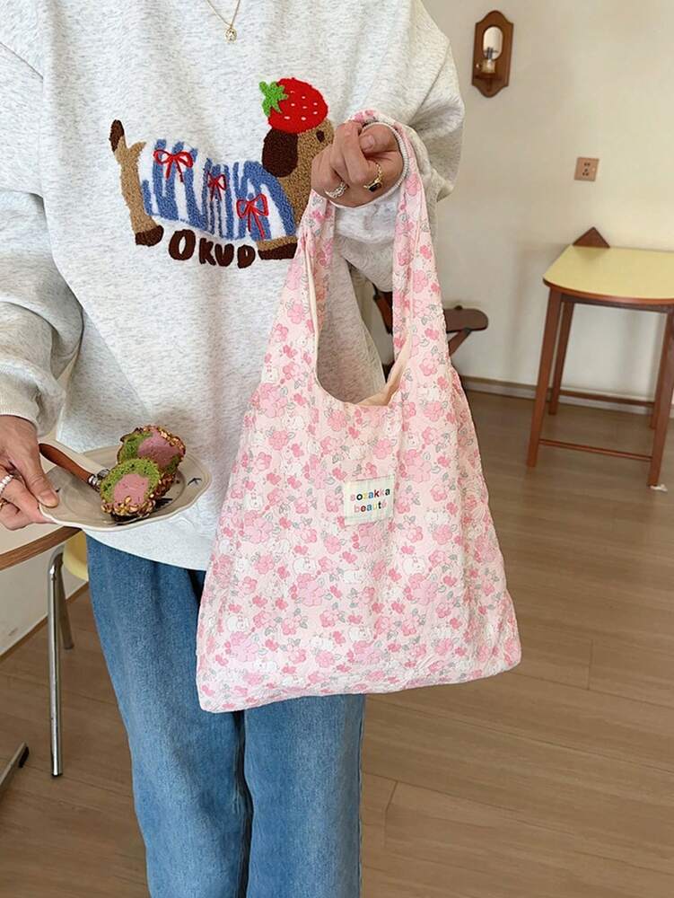 Women's Sweet Girly Style Large Capacity Shoulder Bag Solid Color Casual Tote Handbag With Animal Embossed Texture For College Travel Work
