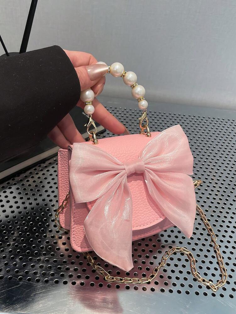 Women's Cute Bow Pearl Handbag With Chain Shoulder Strap Flip Magnetic Closure Fashion Crossbody Purse Stylish Mini Bag For Girls Party Gift