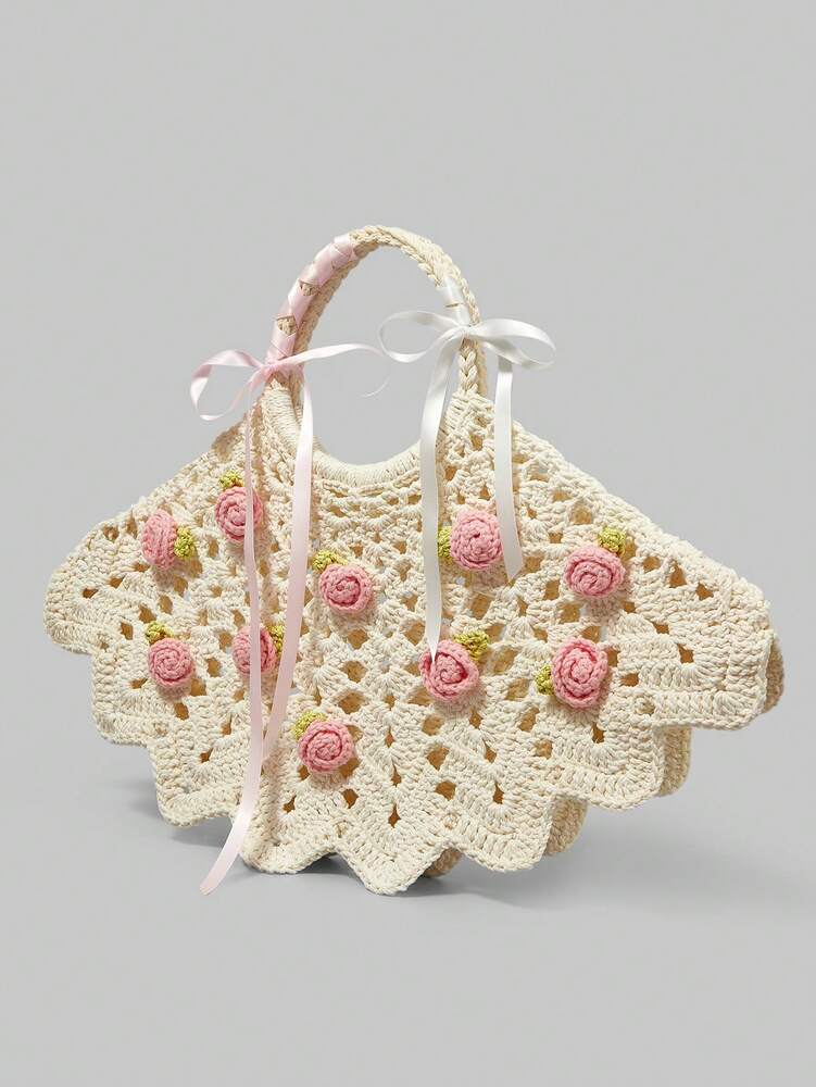Women's Crochet Tote Bag Minimalist Kawaii Style Handbag Versatile Practical Shoulder Bag Casual Crossbody Purse For Ladies Daily Use