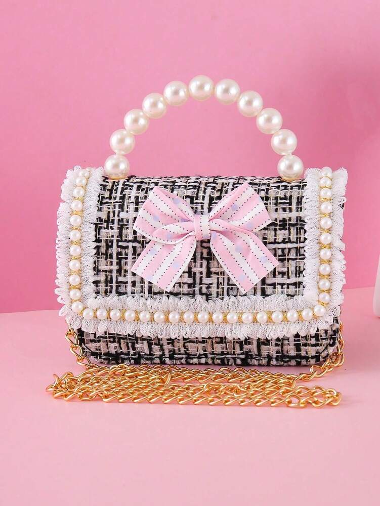 Girls Mini Handbag With Bow Pearl Lace Decor PU Leather Chain Flap Closure Cute Small Purse For Kids Daily Outings Festival Party Gift