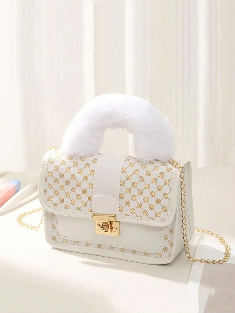 Women's Vintage Plush Handbag With Printed Design Small Square Purse Metal Chain Crossbody Bag Cute Casual Daily Wear Mini Handbag Gift