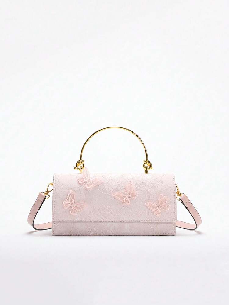 Women's Light Pink Jacquard Rectangular Handbag With Butterfly Decor Brass Knotted Handle Elegant Luxury Bridal Clutch For Wedding Party