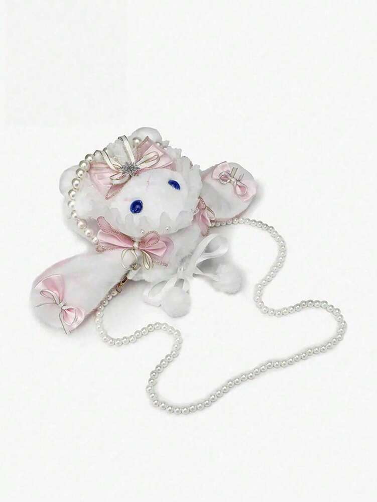 Women's Rabbit Shaped Plush Mini Handbag With Bow Pearl Chain Kawaii Lolita Style Crossbody Bag Cute Purse For Girls Party Holiday Gift