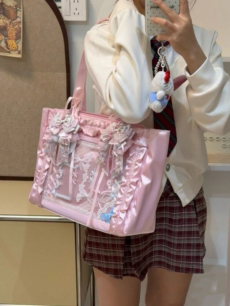 Women's Japanese Harajuku Style Satin Bow Large Capacity Tote Bag Cute Arc Shoulder Purse For Comic Exhibition Cosplay Party Travel Gift