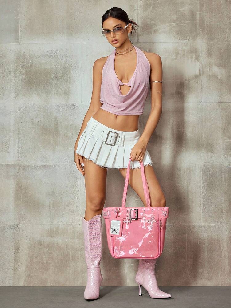 Women's Punk Style Tote Bag Pink Shoulder Handbag With Cross Hardware Star Rivet Decor Y2K Gothic Rock Streetwear Fashion Casual Purse