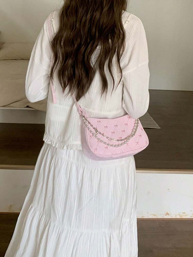 Women's Faux Pearl Chain Crossbody Bag Small Square Shoulder Bag Minimalist Design Elegant Summer Fashion Purse Cute Girly Daily Outfit