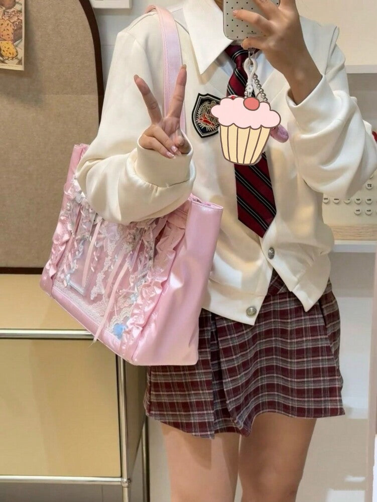 Women's Japanese Harajuku Style Satin Bow Large Capacity Tote Bag Cute Arc Shoulder Purse For Comic Exhibition Cosplay Party Travel Gift