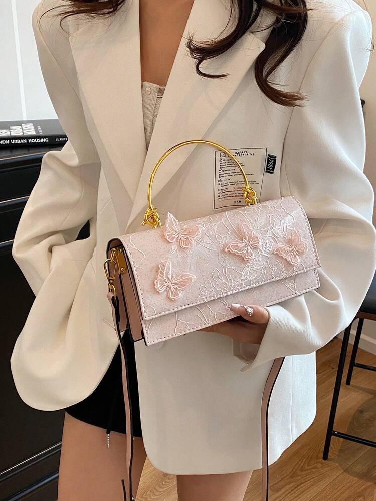 Women's Light Pink Jacquard Rectangular Handbag With Butterfly Decor Brass Knotted Handle Elegant Luxury Bridal Clutch For Wedding Party